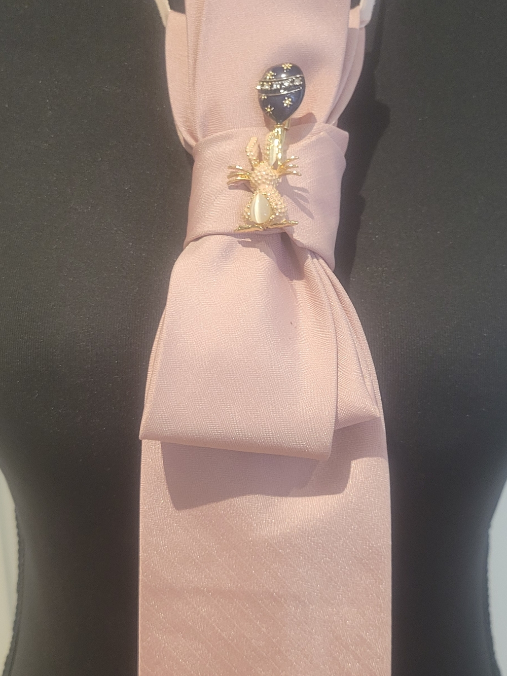 Pink Satin Bow Brooch Tie with Gold Bee Pin